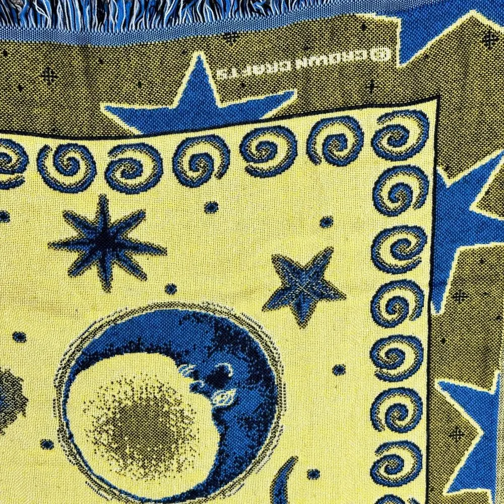 Vintage 90's Celestial Sun Moon Stars Throw Blanket Decor Reversible Fringed